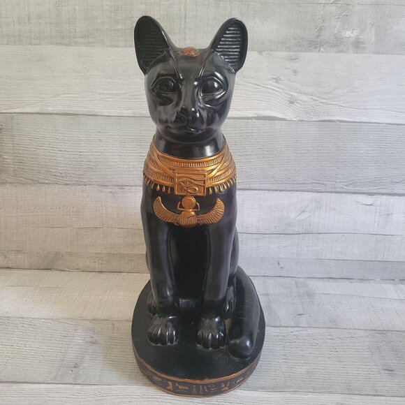 Egyptian Bastet Cat Goddess Statue - Black & Gold Resin Figurine - Picture 1 of 11